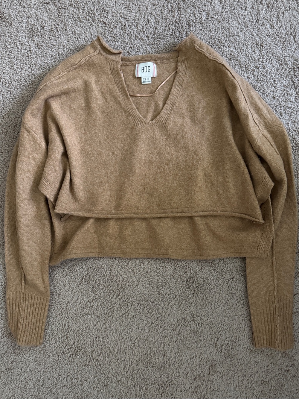 BDG Cropped V-Neck Sweater in Camel Brown